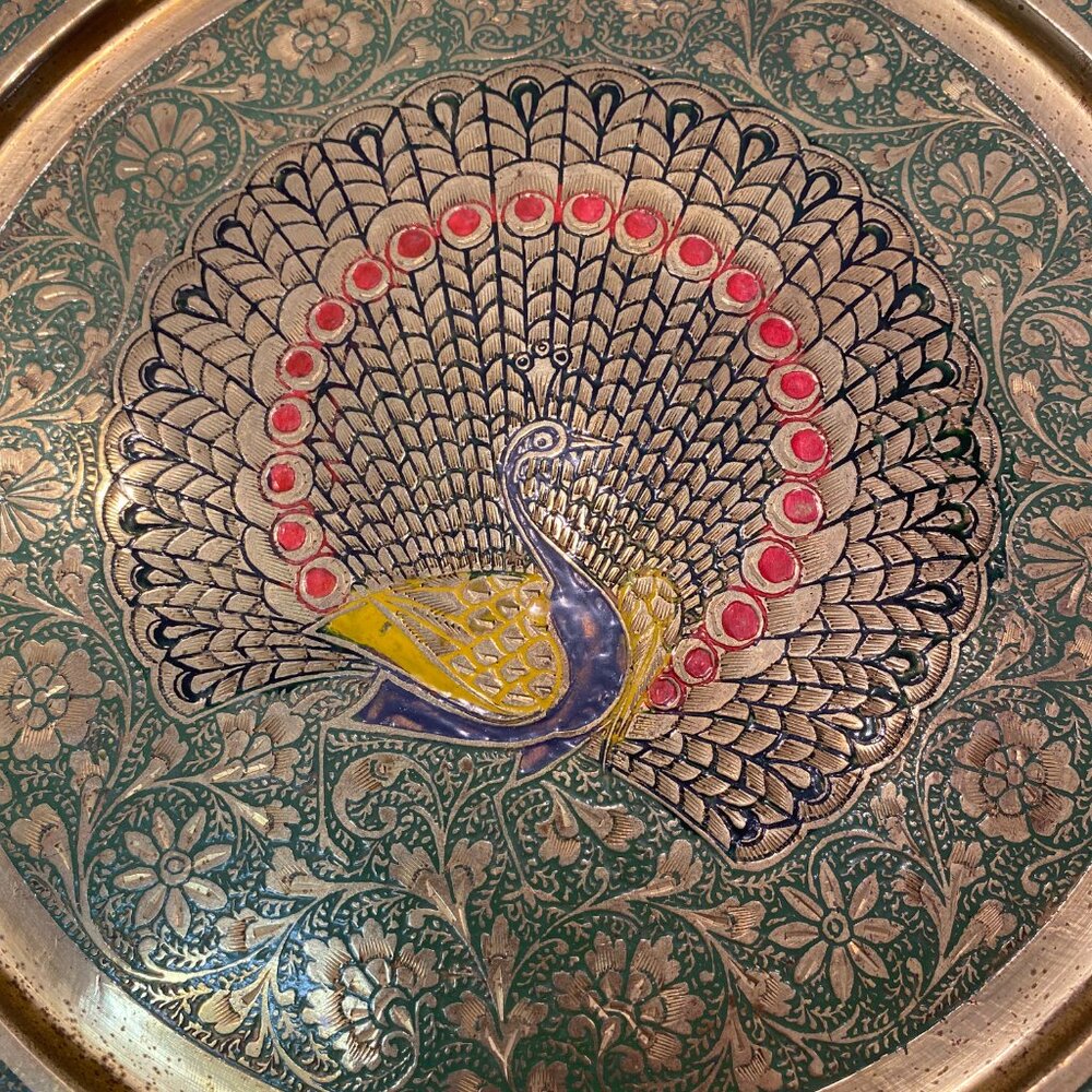 Brass round peacock etched wall plate decor 11.5" width vintage